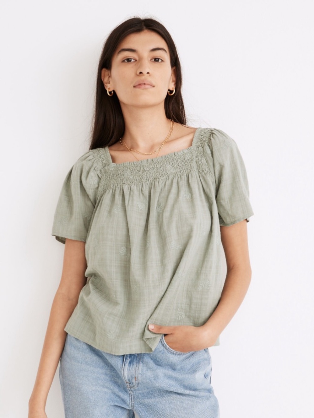 Madewell Square Neck Smocked Top in Dotted Vines